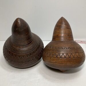 Vintage Tribal Wood Treen Carved Spinning top wood sculpture Pair- Rare Lot #2